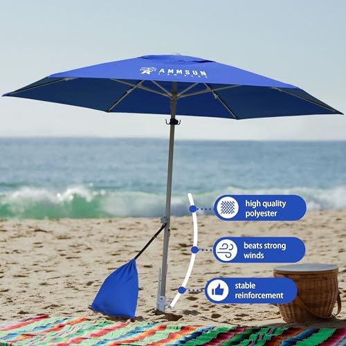 AMMSUN 8ft Large Beach Umbrellas for Sand Heavy Huty Wind Portable Commercial Grade Patio Beach Umbrella with Sand Anchor Adjustable Height Air Vent UPF 50+ Telescoping Pole without tilt Dark Blue