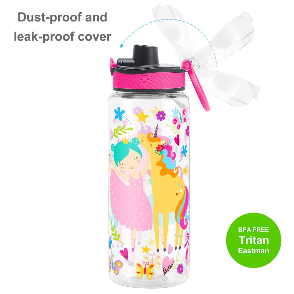 Cute Water Bottle for School Kids Girls, BPA FREE Tritan & Leak Proof & Easy Clean & Carry Handle, 23oz/ 680ml - Girl & Unicorn