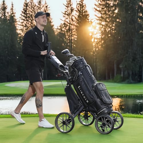 Tedycatt 4 Wheels Golf Pull Cart, Upright Light Quad Golf Roller Cart with Foot Brake, Quick Fold with Cup, Phone & Umbrella Holder, Cooler Bag, Gray