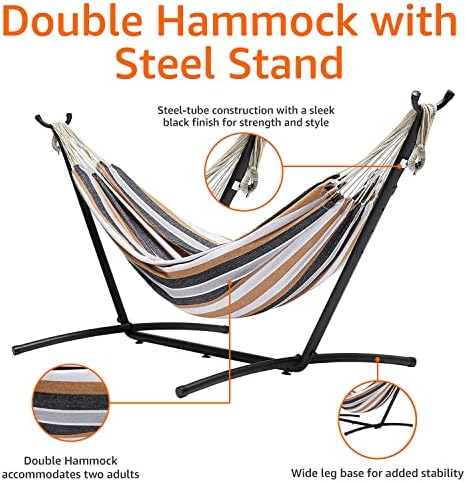 Amazon Basics Double 2 Person Heavy Duty Hammock with Space Saving Steel Stand and Carrying Case, 470lb Capacity, Multi Color, 118 x 46 x 39 inches