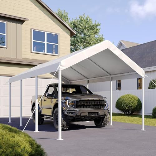 Aoxun 10x20 ft Heavy Duty Carport with Tarp & Wind Resistance Portable Carport Car Tent Outdoor Car Port with Tear Resistant Canopy, No Sidewall - White