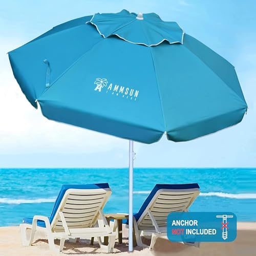 AMMSUN 6.5 Foot Heavy Duty Beach Umbrella for Sand with tilt Air Vent Sun Shelter, UV 50+ Protection Outdoor Sunshade Umbrella with Carry Bag for Patio Garden Beach Pool Backyard Sky Blue