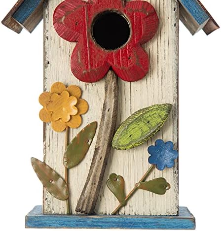 Glitzhome 10.2" H Hanging Bird House for Outdoor Patio Garden Decorative Birdhouse Pet Cottage Wooden Distressed Birdhouse, Flower Rustic White
