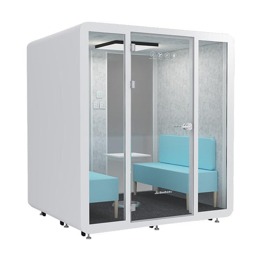 Generic Sound Proof Mobile Office Pod Booth Meeting Room for Home Office with Glass Door, LED Lights, Stand Alone, Folding Conference Table with Wheels, Suitable for 6 People (Large), White