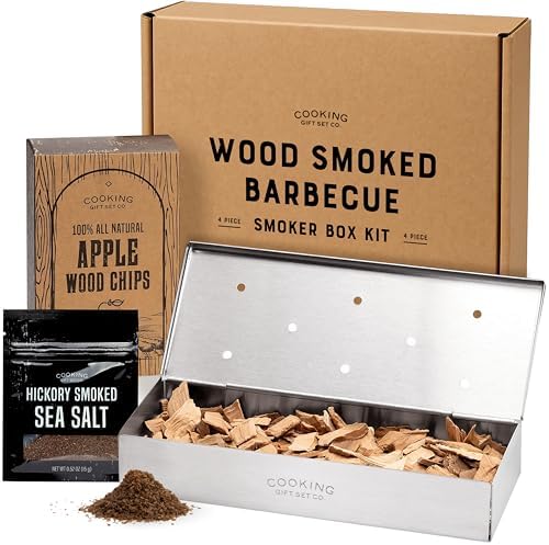 BBQ Smoker Box Kit – Stainless Steel Smoker with Hinged Lid, Apple Wood Chips, Hickory Salt – Grilling Accessories and Grilling Gifts for Men – Great Birthday Gifts for Men Who Love to BBQ