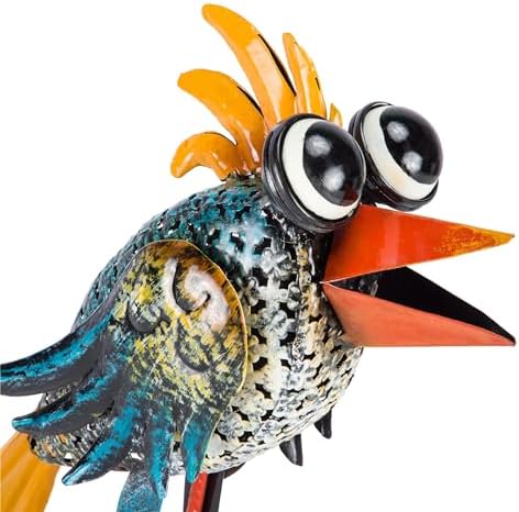 Alpine Corporation 11" Tall Outdoor Metal Wide-Eyed Bird Standing Yard Statue Decoration, Multicolor