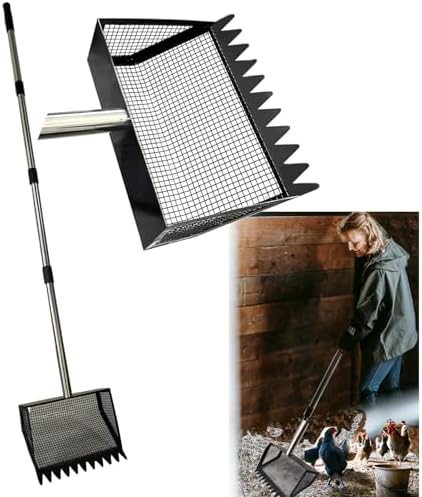 10 Inch 2 in 1 Chicken Poop Scooper & Rake Chicken coop Scoop with Ergonomic Grip Adjustable Long Handle (22 to 62") Sifting Shovel Stainless Steel Metal coop Scoop