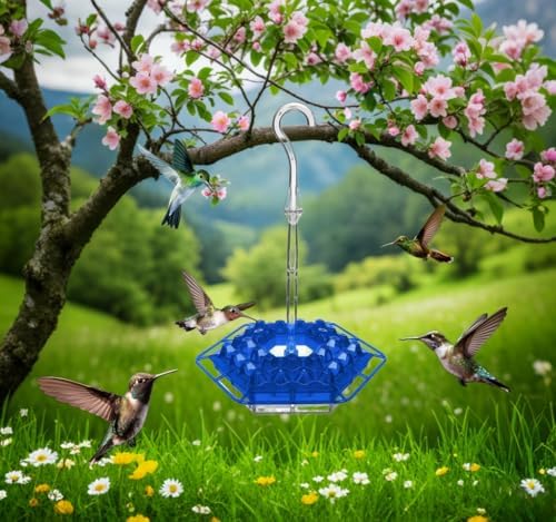 Ant & Bee-Proof Hummingbird Feeder with 30 Feeding Ports - 11oz Easy-Clean Outdoor Hanging Feeder, Includes Perch & Cleaning Brush for Window and Backyard Decoration (2, Blue)
