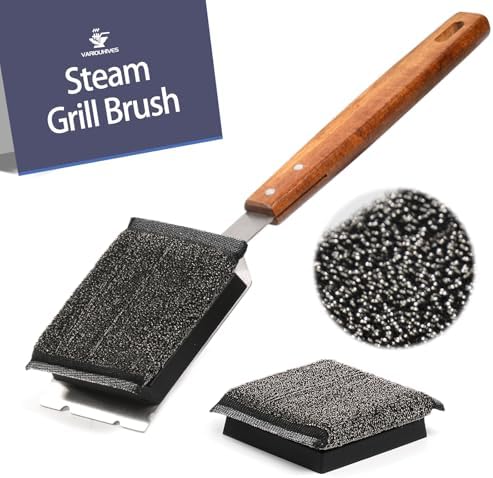 Grill Brush Bristle-Free Stainless Steel Safely Steam Grill Cleaner for Outdoor Grill Larger Brush Head Design,Wood Handle with 1 Replacement Head,All Types of Grills Ideal Gift for Dads