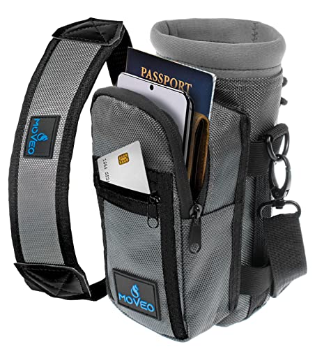 Moveo Water Bottle Holder/Carrier — Insulated w/Adjustable Shoulder Strap and Front Pockets - Comfortable Crossbody Water Bottle Holder - Water Bottle Sling Fits 16oz to 25oz Bottles