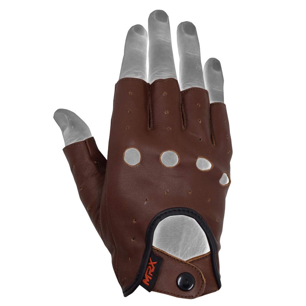 MRX BOXING & FITNESS Mens Driving Gloves Basic Soft Goat Leather Fingerless Breathable Biker Motorcycle Riding Cycling Shooting Button Gloves Half Finger, Brown (X-Large)