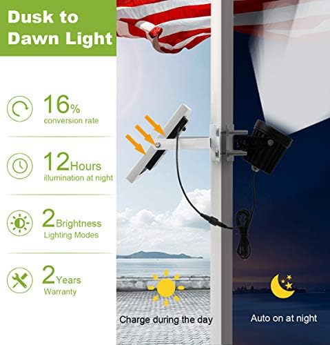 APONUO Solar Flag Light - Fits 1.4-3' Flag Poles, 2 Brightness Levels, Dusk to Dawn, IP65 Waterproof, Brightest for Outdoor Landscape, Patio (White)