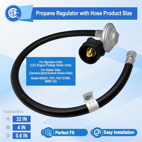 32” Propane Regulator with Hose,Propane Regulator Fit for Napoleon Grills(LEX,Rogue,Prestige Series Grills),and for Weber Grills(Genesis,Spirit,Summit Series Grills),Model S85001,67069,7501 etc.