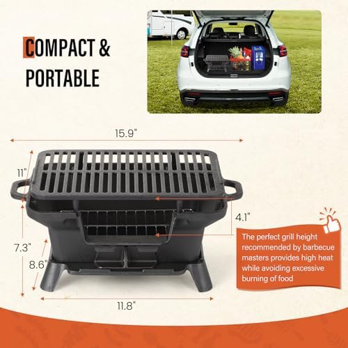 Hibachi Grill Outdoor, Portable Mini Charcoal Grill, 100% Pre-Seasoned Cast Iron, Small Japanese Yakitori Tabletop Skillet Grill Stove for Outdoor Camping