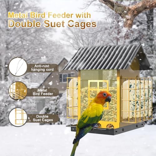 Bird Feeders for Outdoors Hanging, Metal Bird Feeder with Double Suet Cage Cake, Large Capacity, Birdfeeders Sturdy & Weatherproof, Easy to Clean & Refill, Great for Attracting Wild Birds