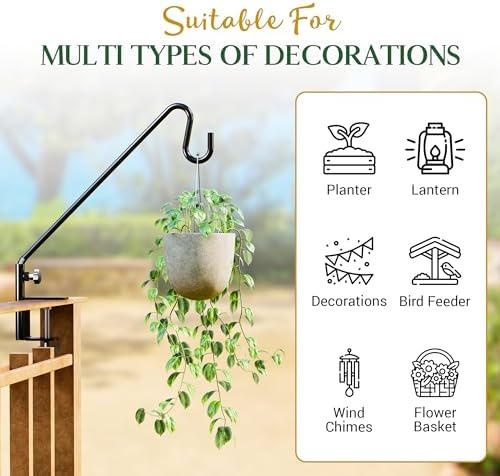 Idzo Deck Bird Feeder Hanger for Railing, 18inch Deck Hook for Bird Feeder Pole, Durable 3 Layers Powder Coated & Sturdy 1 Piece Solid Steel Construction for Hanging Decorations, 2Pack