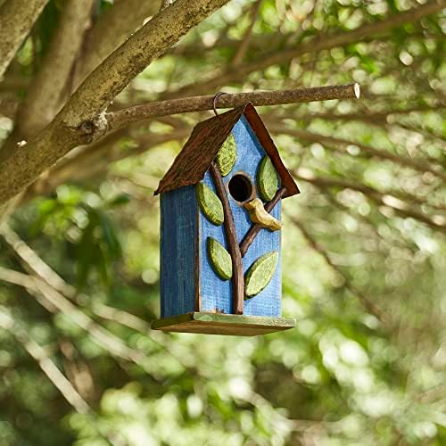 Glitzhome 9.7" H Hanging Bird House for Outdoor Patio Garden Decorative Pet Cottage Distressed Wooden Birdhouse, Blue Leaves