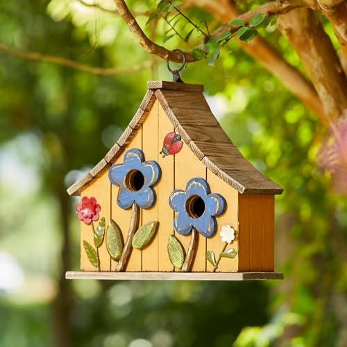 Glitzhome Hanging Birdhouses for Outside, 10.75" L Distressed Solid Wood Birdhouse with 3D Flowers Rustic Two-Story Townhouse Hand-Painted Bird Houses for Outdoors,Washed Yellow