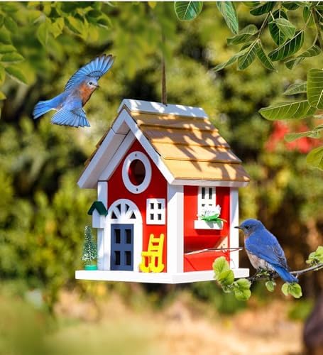 Masterpiece Bluebird House for Outside - Solid Cedar Wood Bird House Bird Feeder for Outdoor - Stainless Hardware - 2 Optional Hole Size 1.5" /1.25" - Garden Center Piece (Red Mansion)