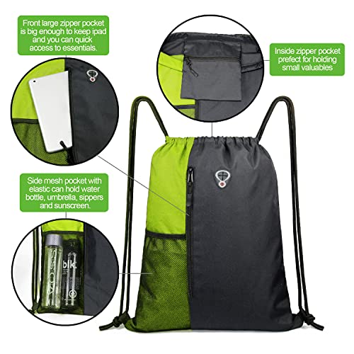 BeeGreen Lime Gym Bag Drawstring Backpack for Women Sports Backpack Workout Bag With 2 Water Bottle Mesh Pockets And Two Zipper Pockets