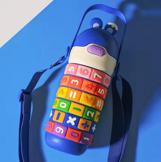 Kids Premium 14 oz Math Water Bottle with Silicone Spout, Leak-Proof Locking Flip Lid, Carrying Strap, Educational, Fun, Learning, Puzzle, Insulated, Stainless Steel Thermos, Sensory, Fidget. (Blue)