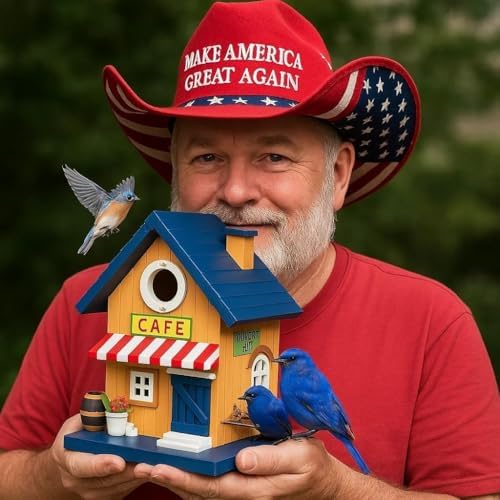 Colorful Bluebird House - Solid Cedar Wood Bird House + Feeder - Stainless Hardware - 2 Optional Hole Size 1.5" /1.25" - Post Mountable Multi-Functional (American Cafe)