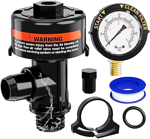 Manual Air Relief Valve for Pool and Spa Filters, Pool Filter Air Relief Valve with Pressure Gauge Replacement, Air Relief Valve for Pool Filter, Includes Gauge Plug, Pressure Gauge, O-Rings, Clips.