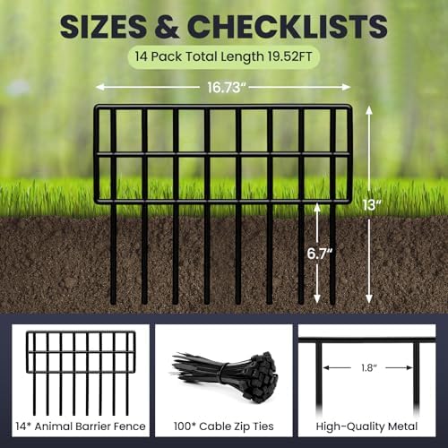 Animal Barrier Fence, 14 Pack No Dig Fence Panels,19.52Ft(L) X 13Inch(H) Garden Fence Border, Dig Fence Barrier for Dogs Rabbits Defense, Ground Defense Border for Outdoor, Yard, Patio
