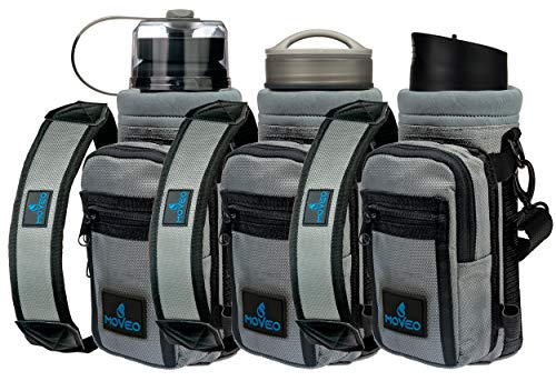 Moveo Water Bottle Holder/Carrier — Insulated w/Adjustable Shoulder Strap and Front Pockets - Comfortable Crossbody Water Bottle Holder - Water Bottle Sling Fits 16oz to 25oz Bottles