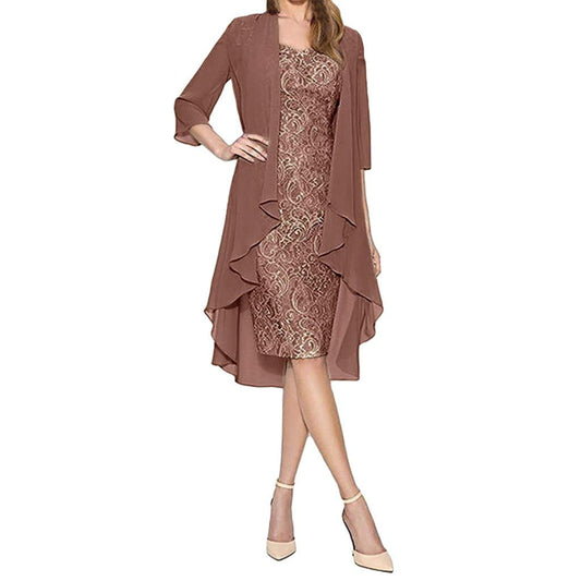 Aniywn Women Plus Size Two Piece Long Sleeve Party Dress Lace Solid Color Elegant Long Maxi Dress Mini Dress