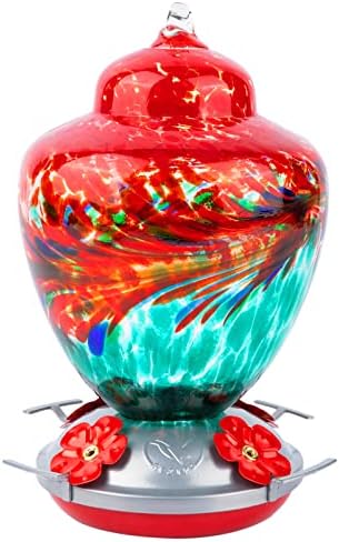 REZIPO Hummingbird Feeder with Perch - Hand Blown Glass - 38 Fluid Ounces Hummingbird Nectar Capacity Include Hanging Wires and Moat Hook (Red-Green)