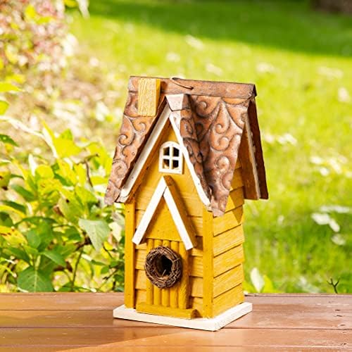 Glitzhome 12" H Yellow Distressed Solid Wood Cottage Birdhouse Hanging Bird House for Outdoors