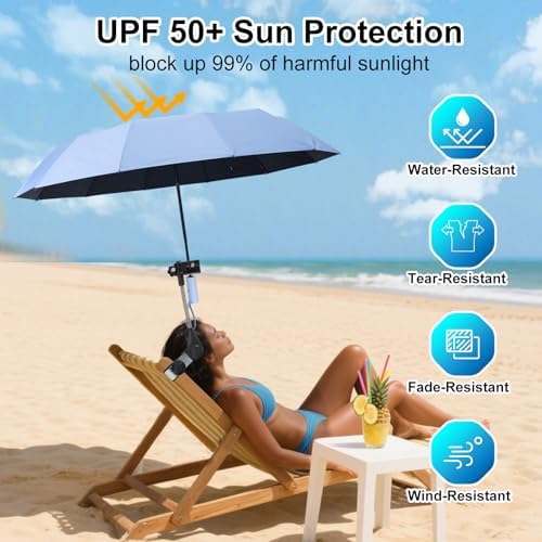 Beach Chair Umbrella with Clamp Adjustable Clip On Umbrellas for Outdoor Chairs UPF 50+ UV Protection Portable Stroller Umbrella for Travel, Camping Chairs, Wheelchair, Boat, Patio