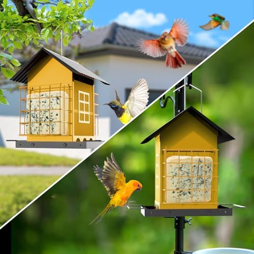 Bird Feeders for Outdoors Hanging, Metal Bird Feeder with Double Suet Cage Cake, Large Capacity, Birdfeeders Sturdy & Weatherproof, Easy to Clean & Refill, Great for Attracting Wild Birds