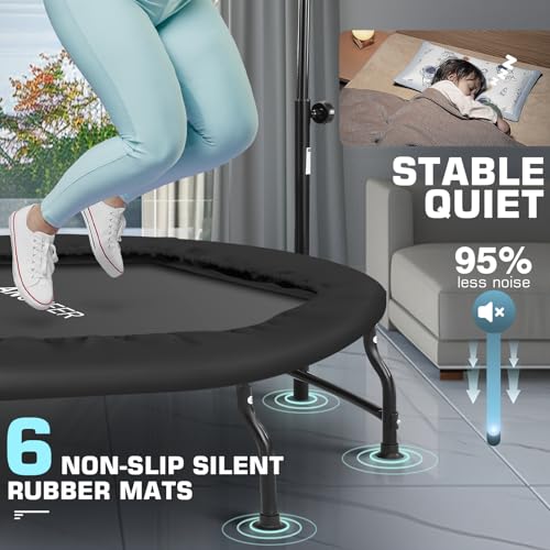 ANCHEER 40" Foldable Mini Trampoline Max Load 450lbs, Fitness Trampoline with Bungees, Adjustable Foam Handle, Indoor Exercise Trampoline for Adults Inoor/Garden Workout (Blue 50'')