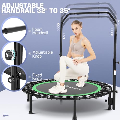 ANCHEER 40" Foldable Mini Trampoline - Max Load 350lbs - 450lbs Indoor Trampoline - with 4 Level Adjustable Foam Handle and Resistance Bands - Adult Exercise Trampoline for Home, Gym and Garden(Blue)