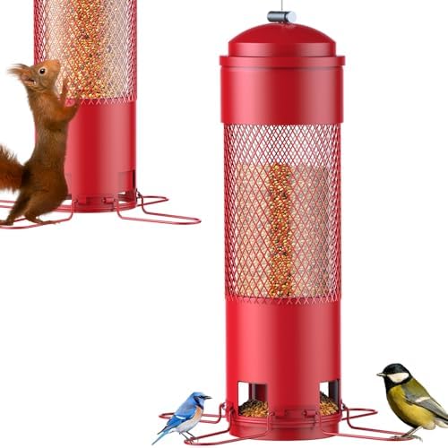 Bird Feeders for Outdoors Squirrel Proof with Weight-Activated Perches, Hanging Bird Feeder for Outside, Metal Feeder for Wild Birds, Finch, Blue Jay, Chickadee, 3LB Seed Capacity, Red