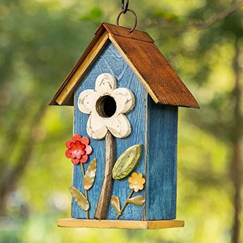 Glitzhome 10.2" H Hanging Bird House for Outdoor Patio Garden Decorative Birdhouse Pet Cottage Distressed Wooden Birdhouse, Flower Rustic Blue