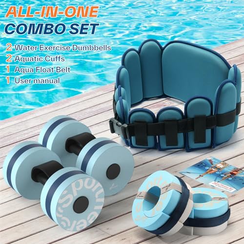 Sportneer Water Aerobics Pool Exercise Equipment Water Workout Combo Set includes High Density Water Dumbbell Aqua Belt Water Ankle Weights for Aquatic Therapy Pool Fitness Water Exercise