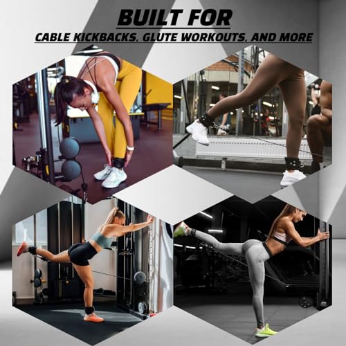 Ankle Straps for Cable Machine, Glute Kickback Ankle Strap, Ankle Cable Straps for Booty Workout, Leg Extension, Hip Abductors and Lower Body Exercises (Black - Pair)