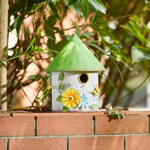 Glitzhome 11" H Distressed Metal Cottage Decorative Birdhouse with a Cluster of 3D Flowers and Butterfly Hanging Bird House for Garden Patio Backyard