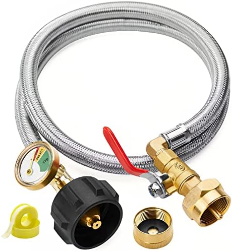 3 Feet Propane Refill Adapter Hose with Gauge and ON/Off Control Valve, Stainless Steel Extension Propane Refill Hose, Fill 1 Pound Bottles from 20lb Tank