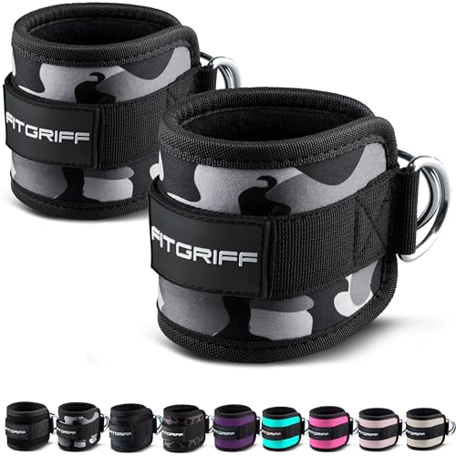 Fitgriff® Ankle Straps V1 for Cable Machine (2 Pieces) - Gym Workout Equipment - Leg Pulley Attachment, Kickback Straps (Ca­mo-Grey)