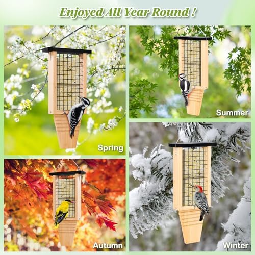 Wooden Suet Bird Feeder for Outside Hanging, Large Woodpecker Suet Feeder with Tail Prop, Hanging Bird Feeder for Wild Birds, 1 Pack, Black