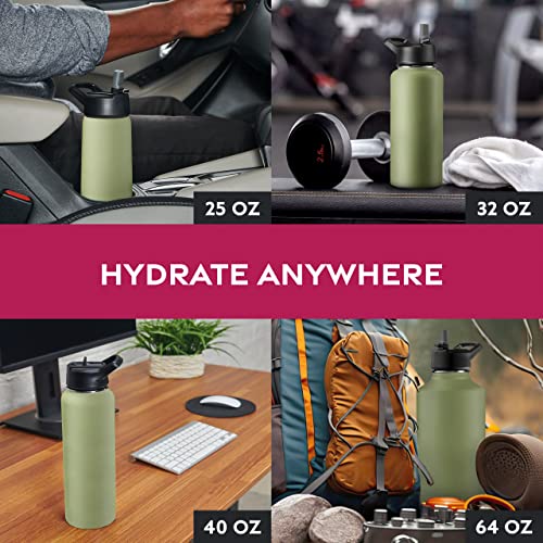 FineDine Triple Walled, Insulated Water Bottles with Straw - 32 Oz Stainless Steel Metal Bottle W/ 3 Leak Proof Lids - For Travel, School, Sports, Gym / Men, Women & Kids - Cheery Turquoise
