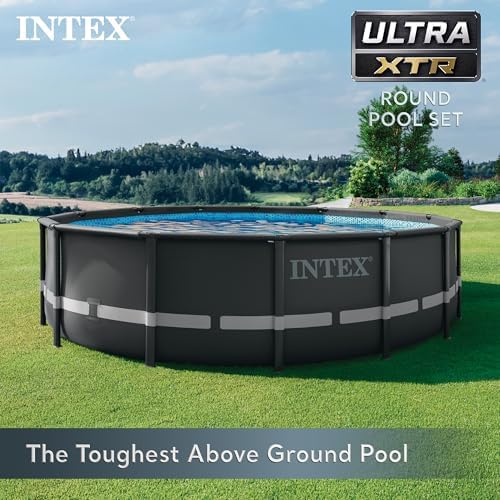 Intex Ultra XTR Frame 14' x 42" Round Above Ground Outdoor Swimming Pool Set with Sand Filter Pump, Ladder, Ground Cloth, and Pool Cover