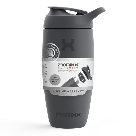 Promixx Pursuit Shaker Bottle Insulated Stainless Steel Water Bottle and shaker Cup, 18oz, Graphite Gray