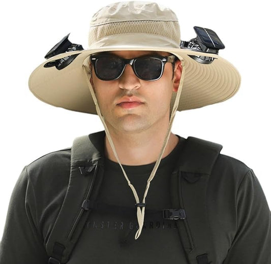 Nubudoz Wide Brim Solar Fan Hat, Wide Brim Solar Fan Outdoor Fishing Hat, Dual Power Solar Fan Hats for Men-Solar & USB Charging (Wide Brim Solar Fan Hat, Khaki)
