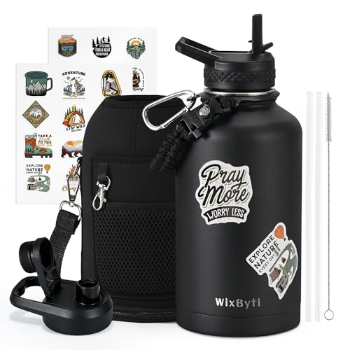 WixByti 40 oz Insulated Water Bottle with Straw (Cold for 48 Hrs), Stainless Steel Triple Wall Vacuum Sports Water Jug, Leakproof Hydro Cup Flask with Paracord Handle & Straw Spout Lids & DIY Stickers