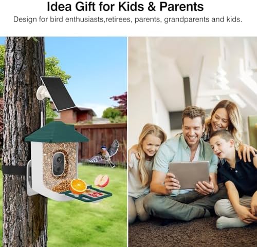 Smart Bird Feeder with Camera,AI Identify Species,Bird House with Solar Powered,Instant Arrival Alerts,2K Capture Video,Live View for Lover (Blackish Green)